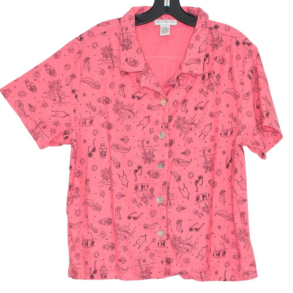 Vintage 90s Pink Novelty Button Up Linen Top Resort Beach Vacation Cottagecore M